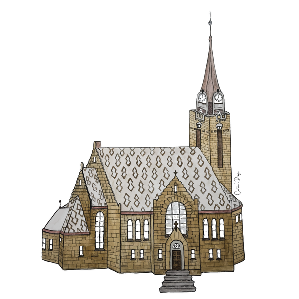 Alkuperäispiirustus Raahen kirkosta. Piirustuksesta tehty kuvituskuva markkinointikäyttöön.
